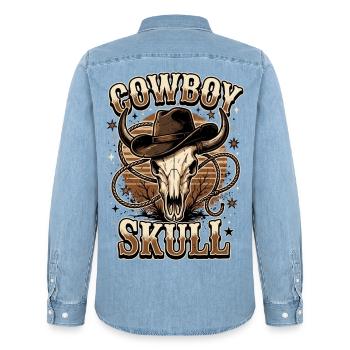 Cowboy Skull – Vintage Western mit Cowboyhut - Männer Jeanshemd Organic von Stanley/Stella - verwaschenes Hellblau - Hinten - AI Model Male 185 light (185cm)