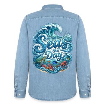 Sea the Day – Meereswellen und Meerestiere Design - Männer Jeanshemd Organic von Stanley/Stella - verwaschenes Hellblau - Hinten - AI Model Male 185 light (185cm)