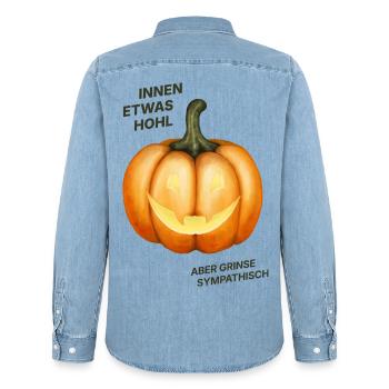 Innen etwas hohl, aber grinse sympathisch - Kürbis - Männer Jeanshemd Organic von Stanley/Stella - verwaschenes Hellblau - Hinten - AI Model Male 185 light (185cm)