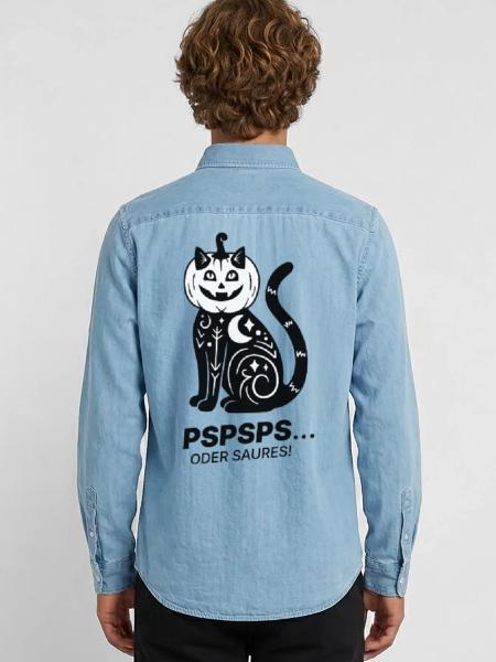 Pspsps oder Saures – Schwarze Katze Halloween - Männer Jeanshemd Organic von Stanley/Stella - verwaschenes Hellblau - Hinten - AI Model Male 185 light (185cm)