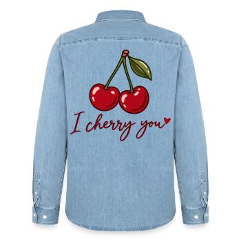 I Cherry You – Süße Kirschen Liebe Herz Geschenk - Männer Jeanshemd Organic von Stanley/Stella - verwaschenes Hellblau - Hinten - AI Model Male 185 light (185cm)