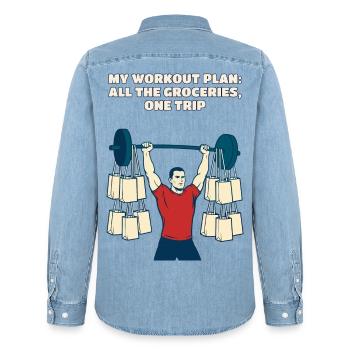 Mein Workout-Plan Alle Lebensmittel Ein Trip Lustig - Männer Jeanshemd Organic von Stanley/Stella - verwaschenes Hellblau - Hinten - AI Model Male 185 light (185cm)