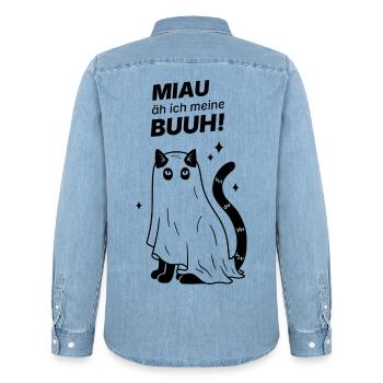 Miau äh ich meine Buuh! - Katze Gespenst Halloween - Männer Jeanshemd Organic von Stanley/Stella - verwaschenes Hellblau - Hinten - AI Model Male 185 light (185cm)