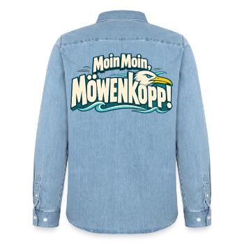 Moin Moin Möwenkopp Norddeutschland Küstenkind - Männer Jeanshemd Organic von Stanley/Stella - verwaschenes Hellblau - Hinten - AI Model Male 185 light (185cm)