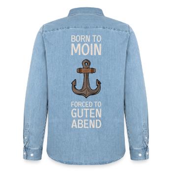 Born To Moin Forced To Guten Abend Anker Norden - Männer Jeanshemd Organic von Stanley/Stella - verwaschenes Hellblau - Hinten - AI Model Male 185 light (185cm)