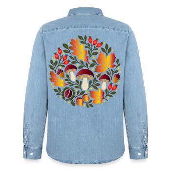 Herbstmotiv mit Pilzen und Hagebutten - Männer Jeanshemd Organic von Stanley/Stella - verwaschenes Hellblau - Hinten - AI Model Male 185 light (185cm)