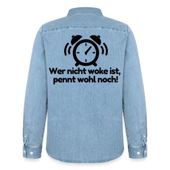 Nicht woke? Pennt wohl noch! - Männer Jeanshemd Organic von Stanley/Stella - verwaschenes Hellblau - Hinten - AI Model Male 185 light (185cm)
