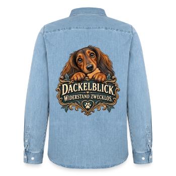 Dackelblick. Widerstand zwecklos. - Männer Jeanshemd Organic von Stanley/Stella - verwaschenes Hellblau - Hinten - AI Model Male 185 light (185cm)