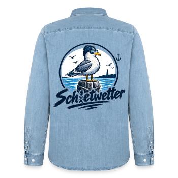 Fischkopp Schietwetter. Wat mutt, dat mutt. - Männer Jeanshemd Organic von Stanley/Stella - verwaschenes Hellblau - Hinten - AI Model Male 185 light (185cm)