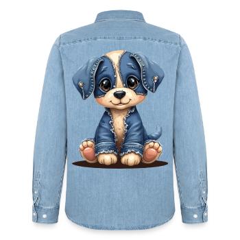 Süßer Welpe im blauen Jeans-Patchwork - Männer Jeanshemd Organic von Stanley/Stella - verwaschenes Hellblau - Hinten - AI Model Male 185 light (185cm)