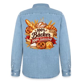 100% Bäcker – Leidenschaft pur - Männer Jeanshemd Organic von Stanley/Stella - verwaschenes Hellblau - Hinten - AI Model Male 185 light (185cm)
