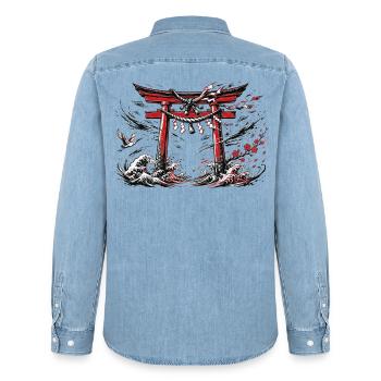 Japanische Torii und Wellen - Männer Jeanshemd Organic von Stanley/Stella - verwaschenes Hellblau - Hinten - AI Model Male 185 light (185cm)