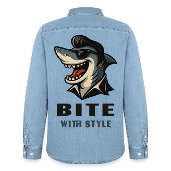 Cooler Hai im Rockabillylook mit Bite with Style - Männer Jeanshemd Organic von Stanley/Stella - verwaschenes Hellblau - Hinten - AI Model Male 185 light (185cm)