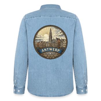 Antwerpen Belgien Reiseabzeichen Kathedralen-Souvenir - Männer Jeanshemd Organic von Stanley/Stella - verwaschenes Hellblau - Hinten - AI Model Male 185 light (185cm)
