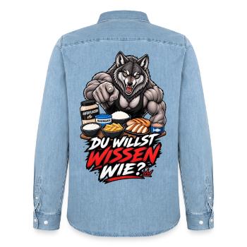 Du willst wissen wie – Muskelwolf und Fitness - Männer Jeanshemd Organic von Stanley/Stella - verwaschenes Hellblau - Hinten - AI Model Male 185 light (185cm)