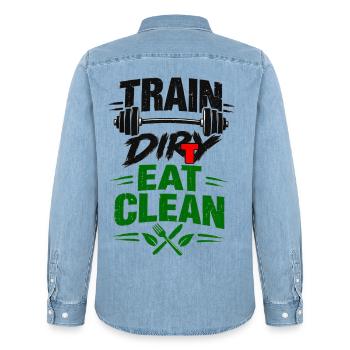 Train, Dirty Eat Clean Fitness Langhanteldesign - Männer Jeanshemd Organic von Stanley/Stella - verwaschenes Hellblau - Hinten - AI Model Male 185 light (185cm)