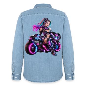 Cyber-Neon-Moto-Königin - Männer Jeanshemd Organic von Stanley/Stella - verwaschenes Hellblau - Hinten - AI Model Male 185 light (185cm)