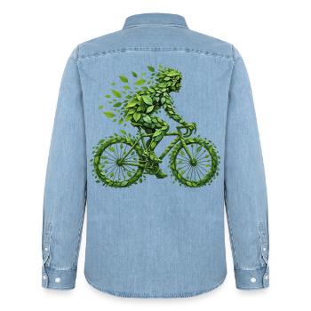 Radfahrer aus grünen Blättern – Fahrrad trifft Umw - Männer Jeanshemd Organic von Stanley/Stella - verwaschenes Hellblau - Hinten - AI Model Male 185 light (185cm)