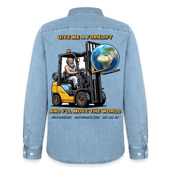 Archimedes – Gebt mir einen Stapler - Männer Jeanshemd Organic von Stanley/Stella - verwaschenes Hellblau - Hinten - AI Model Male 185 light (185cm)