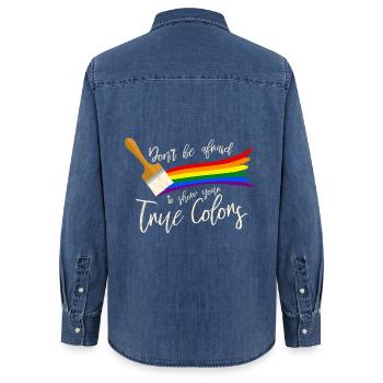 Gay Pride - Women’s Organic Denim Shirt by Stanley/Stella - mid washy  - Back - AI Model Female 172 light (172cm)