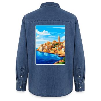 Malte Vintage Voyage Poster Souvenir WPA Souvenir - Chemise en denim femme bio Stanley/Stella - bleu moyen délavé  - Dos - AI Model Female 172 light (172cm)