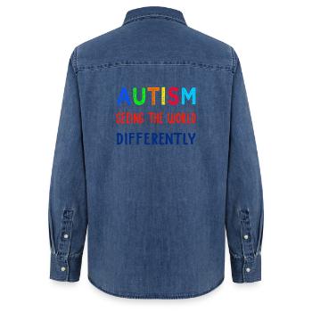 Autism Seeing Differently - Women’s Organic Denim Shirt by Stanley/Stella - mid washy  - Back - AI Model Female 172 light (172cm)