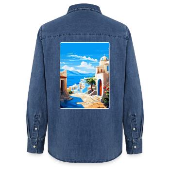 Kos Grèce Affiche de voyage vintage souvenir souvenir - Chemise en denim femme bio Stanley/Stella - bleu moyen délavé  - Dos - AI Model Female 172 light (172cm)
