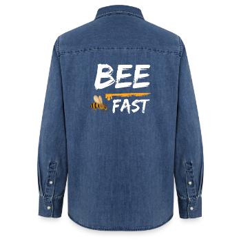Abeille Rapide Abeilles Miel - Chemise en denim femme bio Stanley/Stella - bleu moyen délavé  - Dos - AI Model Female 172 light (172cm)
