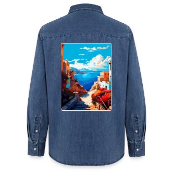 Kreta Griechenland Vintage Reiseplakat WPA Souvenir - Frauen Jeanshemd Organic von Stanley/Stella - verwaschenes Mittelblau  - Hinten - AI Model Female 172 light (172cm)
