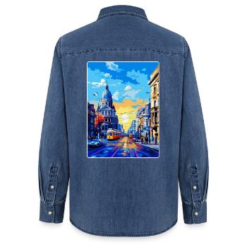Bukarest Rumänien Vintage Reiseplakat Souvenir - Frauen Jeanshemd Organic von Stanley/Stella - verwaschenes Mittelblau  - Hinten - AI Model Female 172 light (172cm)