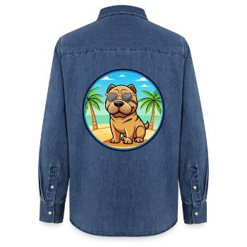 Miniatur Shar Pei Hunderasse Cartoon Sonnenbrille - Frauen Jeanshemd Organic von Stanley/Stella - verwaschenes Mittelblau  - Hinten - AI Model Female 172 light (172cm)