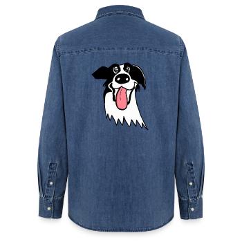 Border Collie mignon - Chemise en denim femme bio Stanley/Stella - bleu moyen délavé  - Dos - AI Model Female 172 light (172cm)