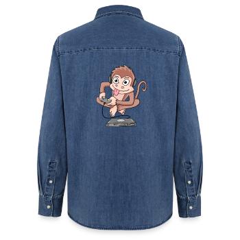 Monkey plays video games - Women’s Organic Denim Shirt by Stanley/Stella - mid washy  - Back - AI Model Female 172 light (172cm)
