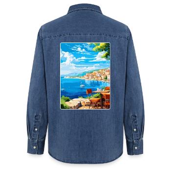Croatie Vintage Voyage Poster Souvenir Souvenir - Chemise en denim femme bio Stanley/Stella - bleu moyen délavé  - Dos - AI Model Female 172 light (172cm)