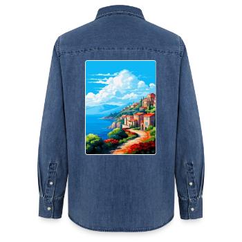 Elbe Italie Affiche de voyage vintage souvenir souvenir - Chemise en denim femme bio Stanley/Stella - bleu moyen délavé  - Dos - AI Model Female 172 light (172cm)