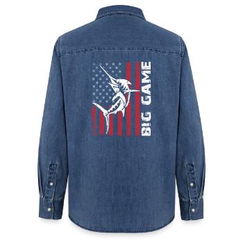 Marlin sauteur avec drapeau américain Pêche en haute mer - Chemise en denim femme bio Stanley/Stella - bleu moyen délavé  - Dos - AI Model Female 172 light (172cm)