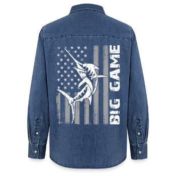 Marlin sauteur avec drapeau américain Pêche en haute mer - Chemise en denim femme bio Stanley/Stella - bleu moyen délavé  - Dos - AI Model Female 172 light (172cm)