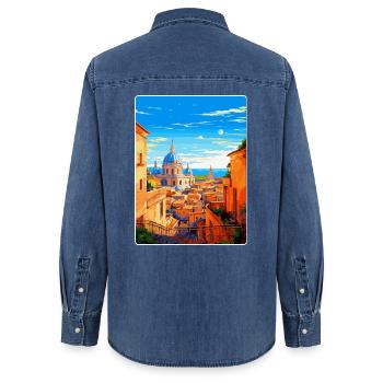 Rome Italie Affiche de voyage vintage souvenir souvenir - Chemise en denim femme bio Stanley/Stella - bleu moyen délavé  - Dos - AI Model Female 172 light (172cm)