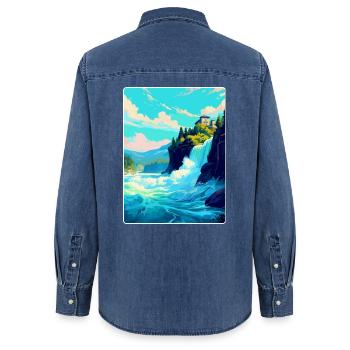 Chutes du Rhin Suisse Affiche de voyage vintage WPA - Chemise en denim femme bio Stanley/Stella - bleu moyen délavé  - Dos - AI Model Female 172 light (172cm)