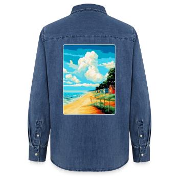 Norfolk Küste Vintage Reise Poster Souvenir WPA - Frauen Jeanshemd Organic von Stanley/Stella - verwaschenes Mittelblau  - Hinten - AI Model Female 172 light (172cm)