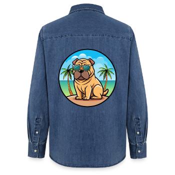 Chinesischer Shar Pei Hund Rasse Cartoon Sonnenbrille Strand - Frauen Jeanshemd Organic von Stanley/Stella - verwaschenes Mittelblau  - Hinten - AI Model Female 172 light (172cm)