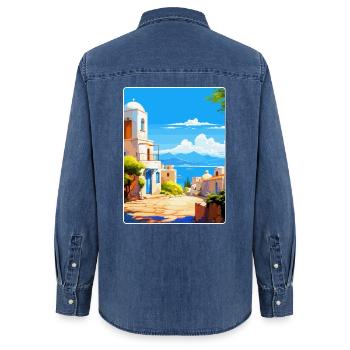 Kos Grèce Affiche de voyage vintage souvenir souvenir - Chemise en denim femme bio Stanley/Stella - bleu moyen délavé  - Dos - AI Model Female 172 light (172cm)