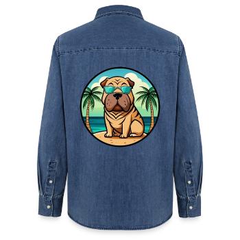 Chinesischer Shar Pei Hund Rasse Cartoon Sonnenbrille Strand - Frauen Jeanshemd Organic von Stanley/Stella - verwaschenes Mittelblau  - Hinten - AI Model Female 172 light (172cm)
