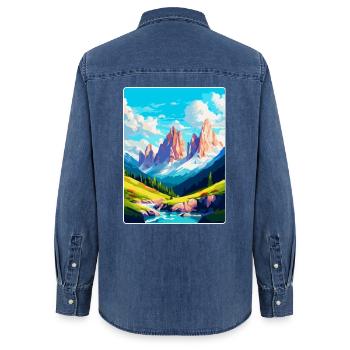 Dolomiten Italien Vintage Reiseplakat Souvenir WPA - Frauen Jeanshemd Organic von Stanley/Stella - verwaschenes Mittelblau  - Hinten - AI Model Female 172 light (172cm)