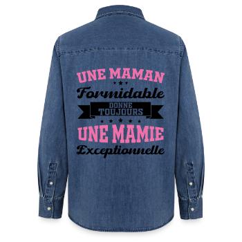 Cadeau pour Grand-Mère - Une Mamie Exceptionnelle - Chemise en denim femme bio Stanley/Stella - bleu moyen délavé  - Dos - AI Model Female 172 light (172cm)