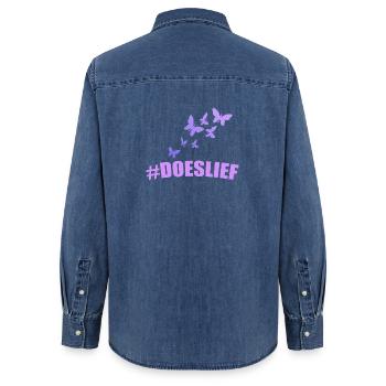 Les papillons doeslief volent dans la lumière pourpre - Chemise en denim femme bio Stanley/Stella - bleu moyen délavé  - Dos - AI Model Female 172 light (172cm)