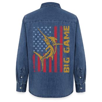Marlin sauteur avec drapeau américain Pêche en haute mer - Chemise en denim femme bio Stanley/Stella - bleu moyen délavé  - Dos - AI Model Female 172 light (172cm)