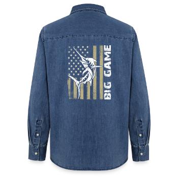 Marlin sauteur avec drapeau américain Pêche en haute mer - Chemise en denim femme bio Stanley/Stella - bleu moyen délavé  - Dos - AI Model Female 172 light (172cm)