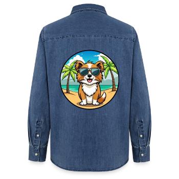 Tibetischer Spaniel Hund Rasse Cartoon Sonnenbrille Strand - Frauen Jeanshemd Organic von Stanley/Stella - verwaschenes Mittelblau  - Hinten - AI Model Female 172 light (172cm)