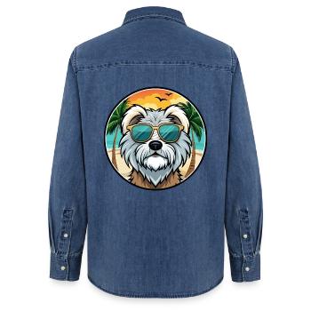 Tibet Terrier Hund Rasse Cartoon Sonnenbrille Strand - Frauen Jeanshemd Organic von Stanley/Stella - verwaschenes Mittelblau  - Hinten - AI Model Female 172 light (172cm)